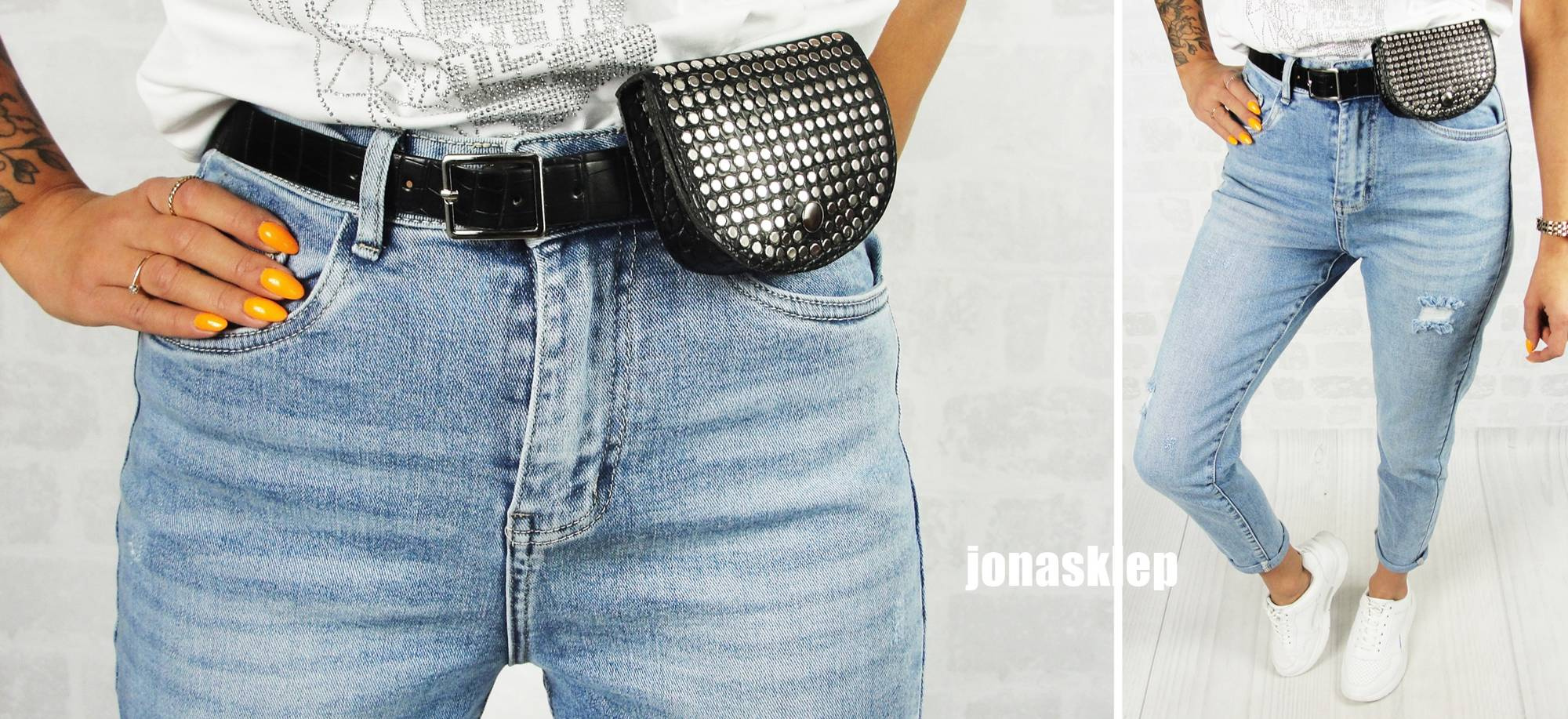 MAYBE mom fit casual jasne baggy pasek saszetka