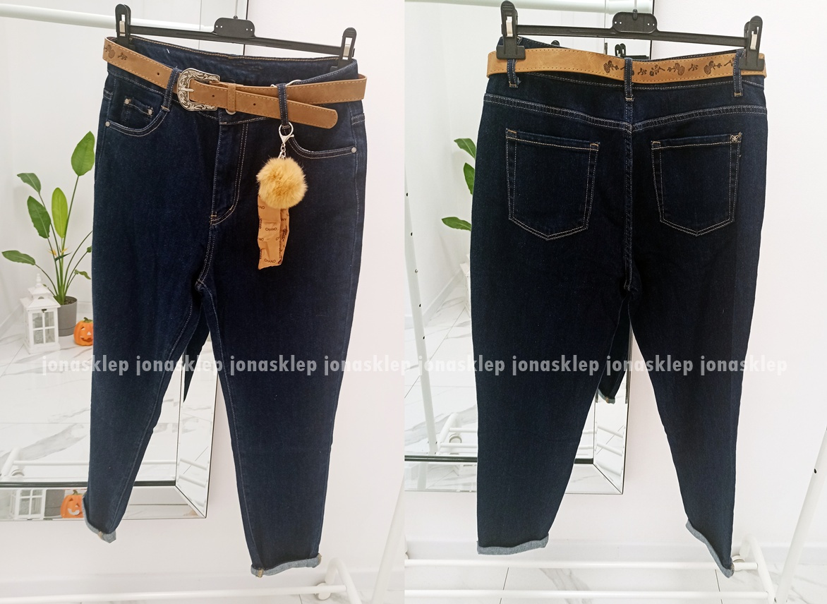 MOM JEANS casual blue dark PASEK PLUS SIZE