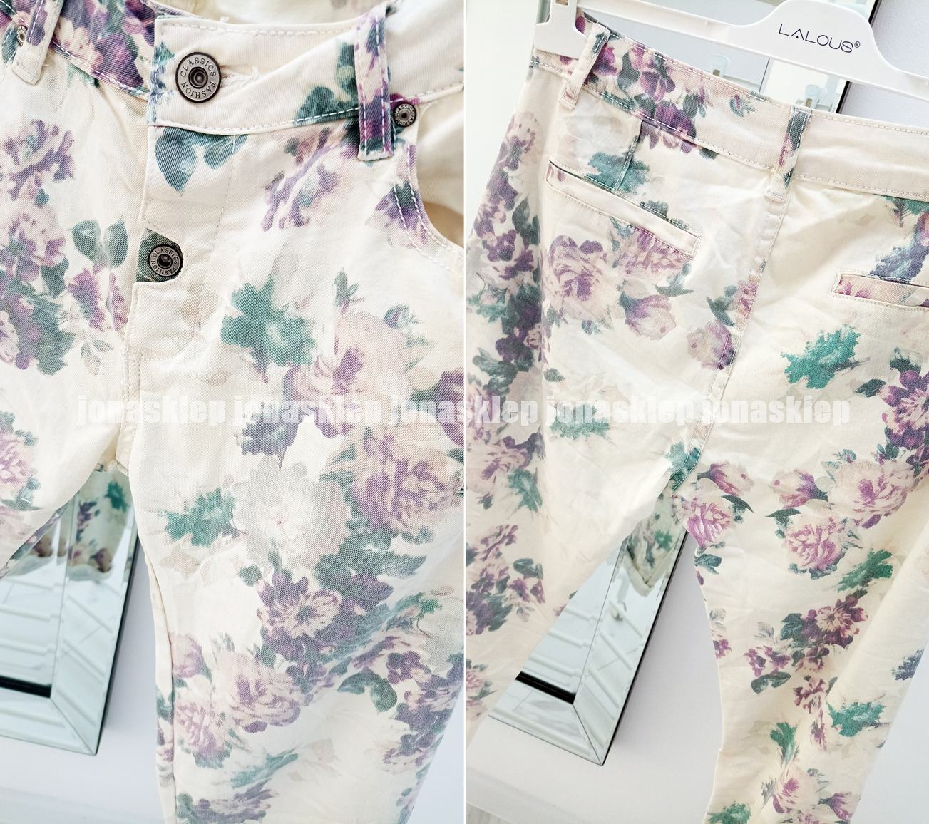FLOWERS białe spodnie w kwiaty z guzikami PLUS SIZE