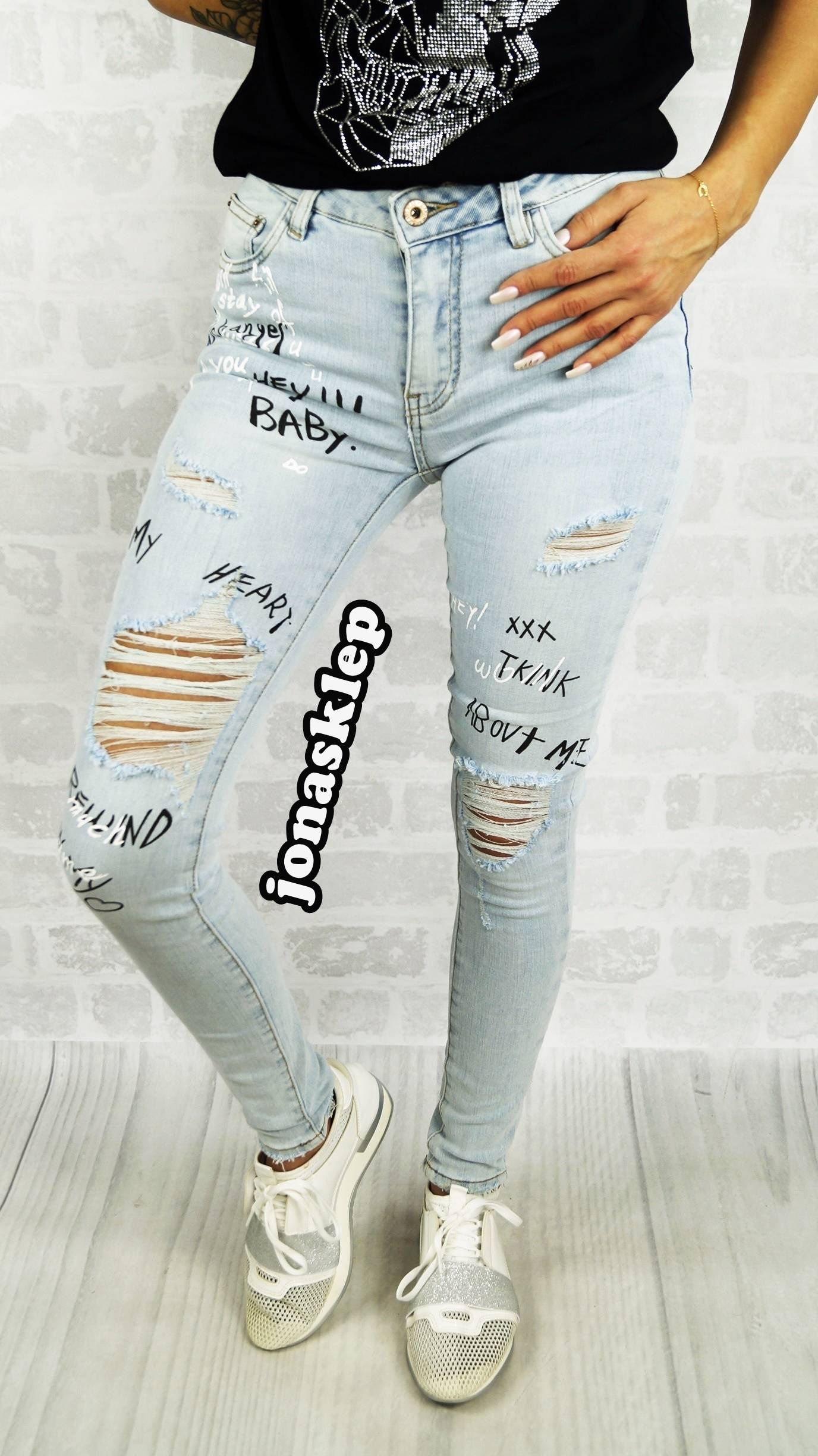 SLIM FIT jeansy print Nadruk NASZYWKI dziury