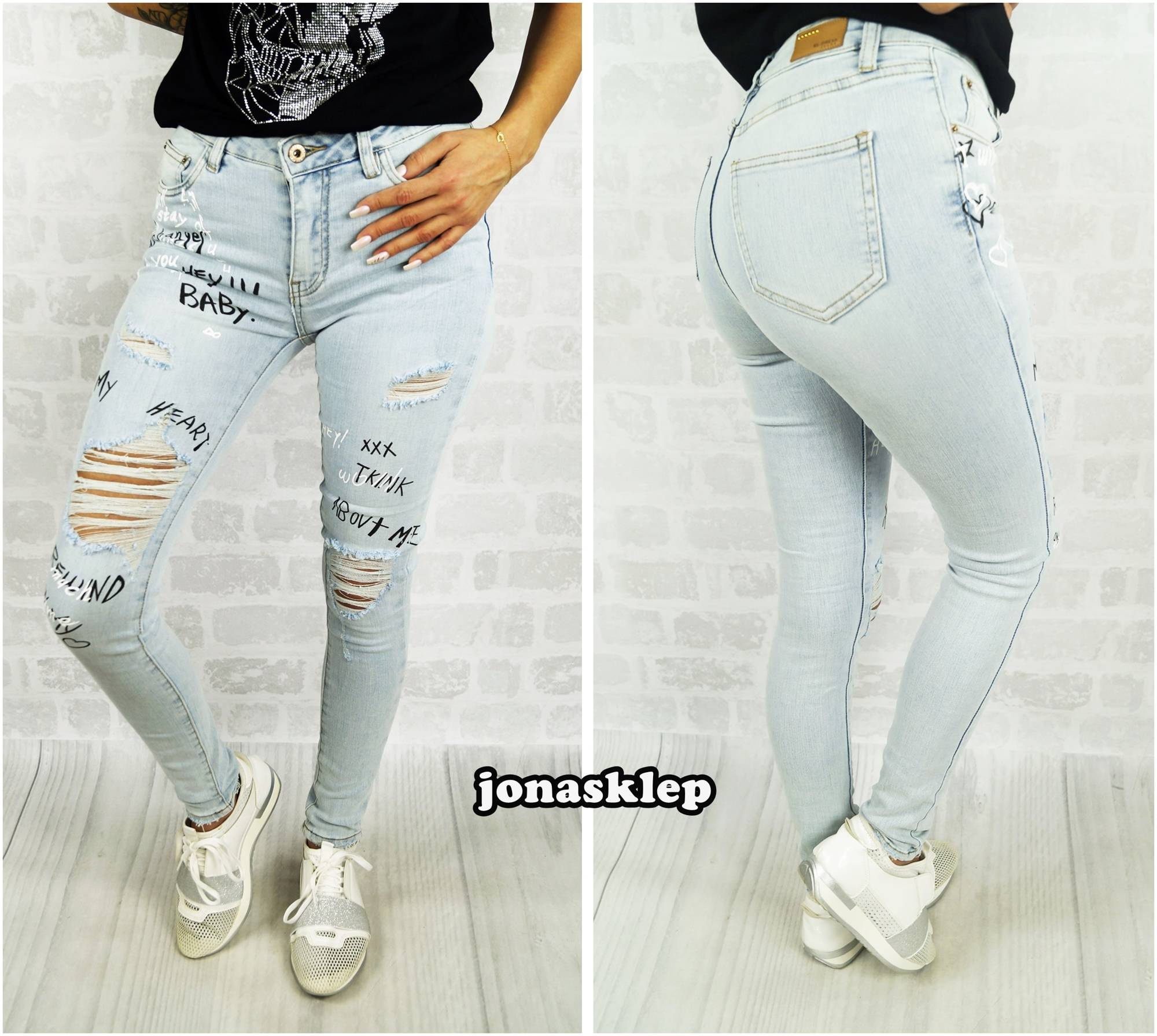 SLIM FIT jeansy print Nadruk NASZYWKI dziury