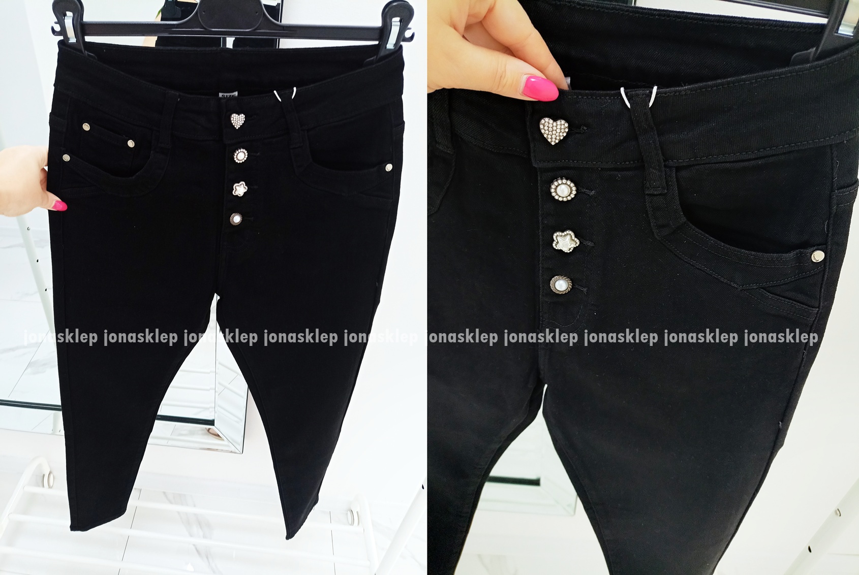 Czarne jeansy damskie BLACK guziki PLUS SIZE 