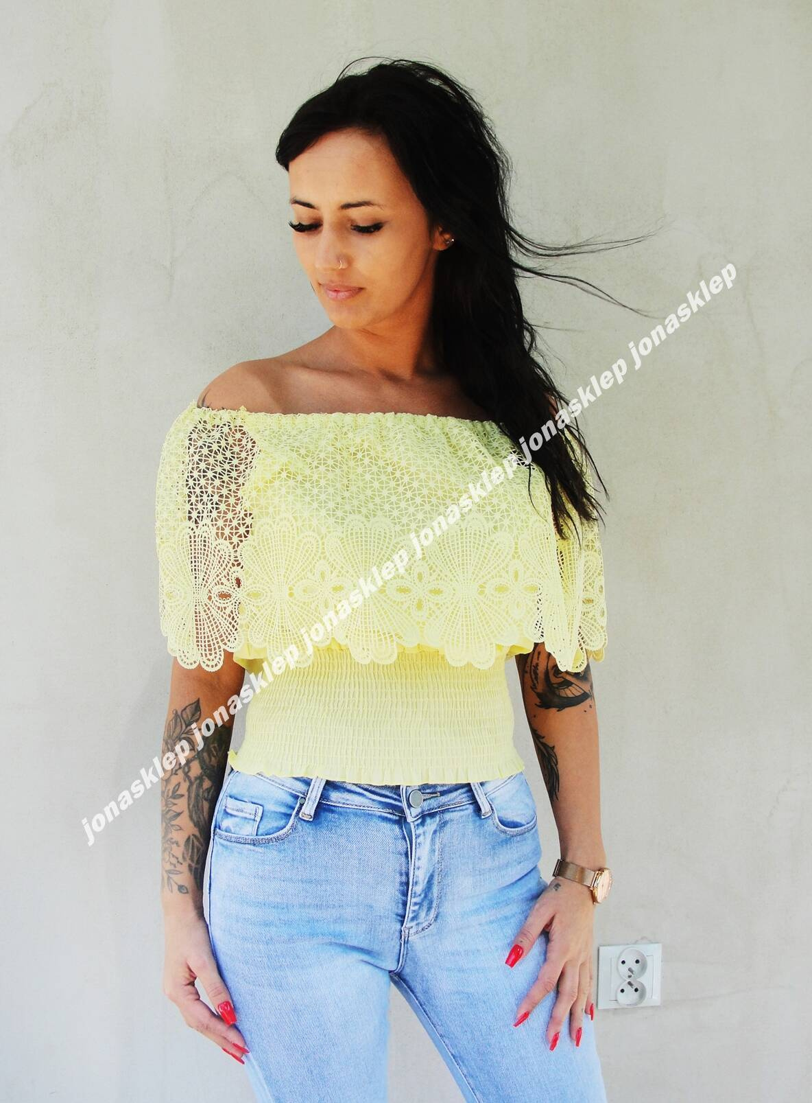 Bluzka z haftami marszczona ŻÓŁTA