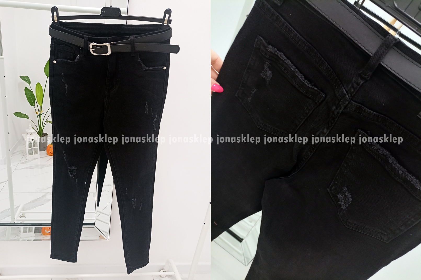 Jeansy damskie BLACK dziury przetarcia PLUS SIZE pasek