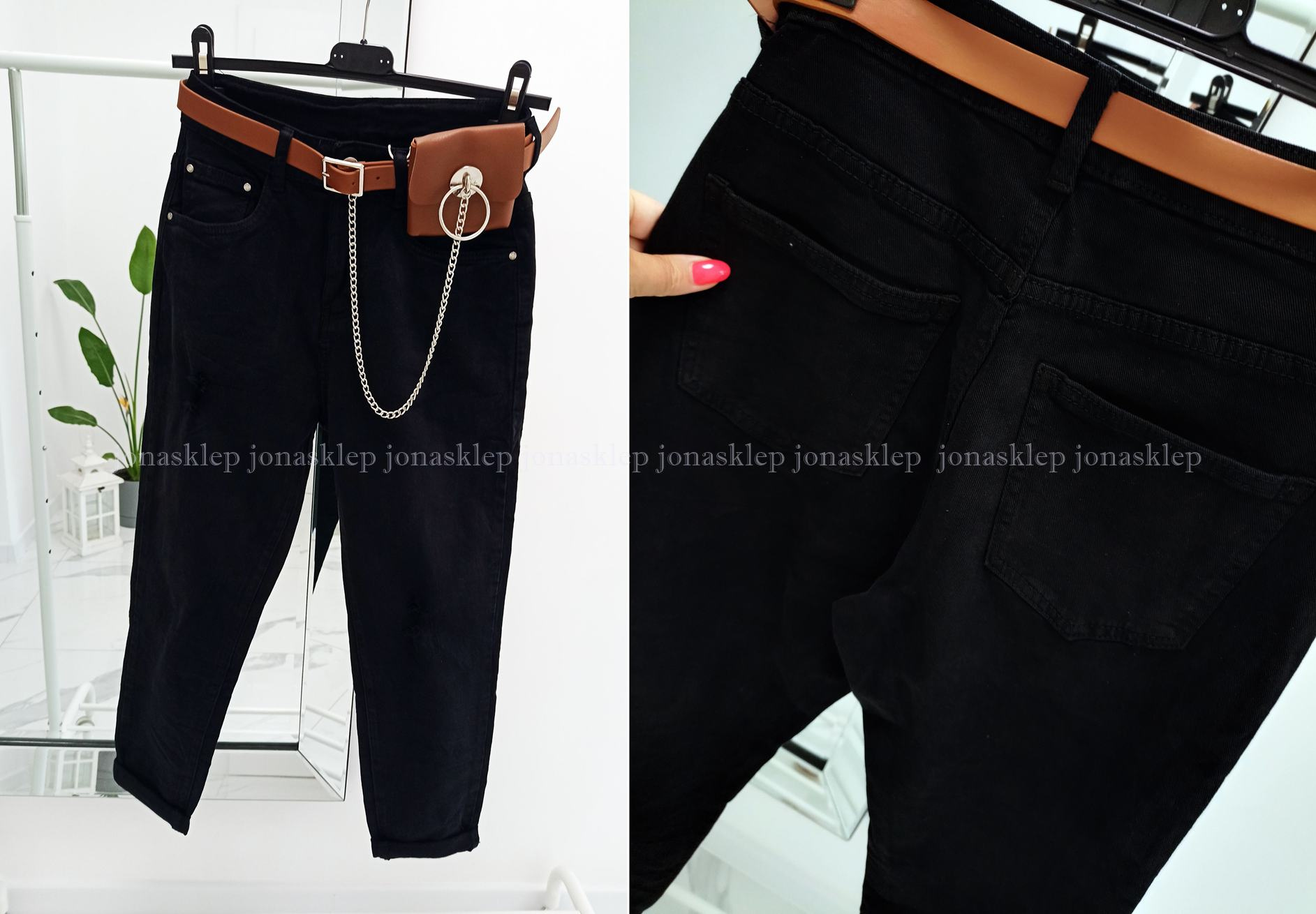 MAYBE mom fit casual BLACK baggy pasek camel saszetka