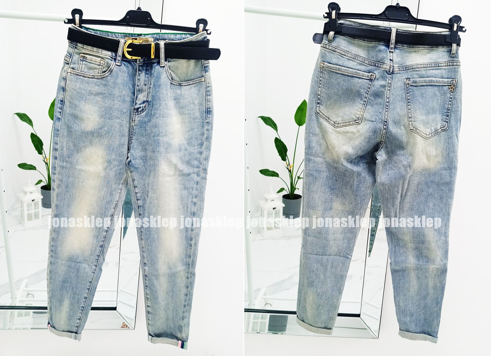 Jeansy mom fit podwijane casual baggy pasek