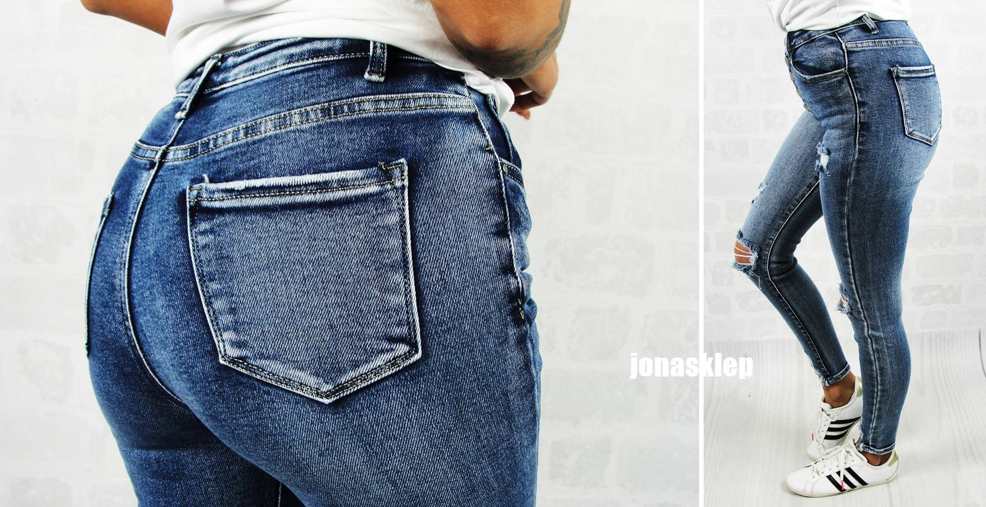 BLUE jeans PUSH UP button dziury GUZIKI