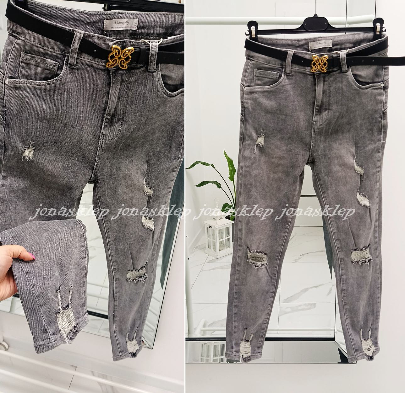 Jeansy damskie GRAY dziury pasek PLUS SIZE