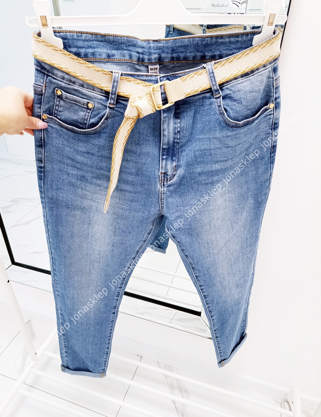 Jeansy mom fit casual SLIM pasek PLUS SIZE