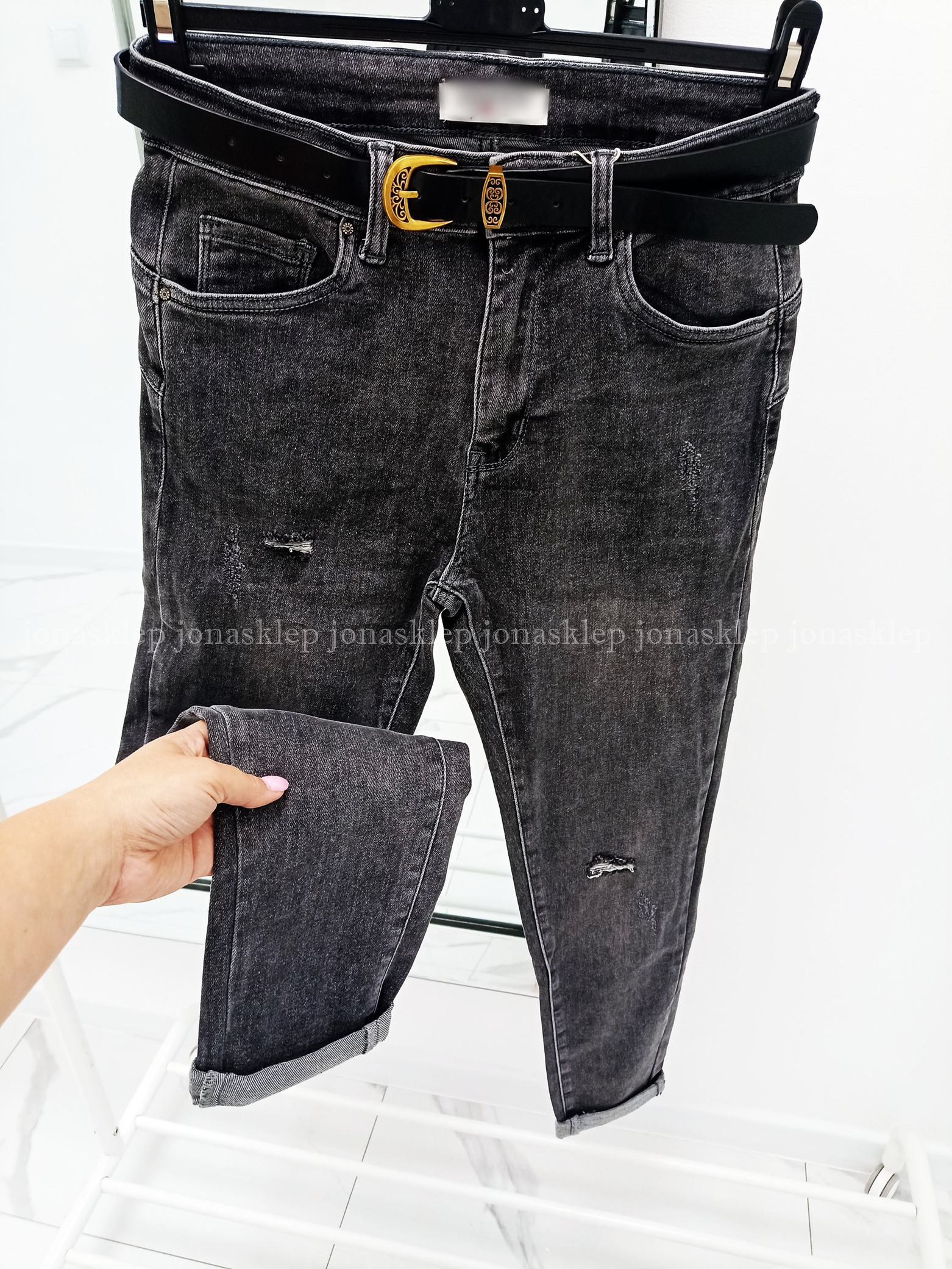 Jeansy damskie GRAY dziury pasek PLUS SIZE