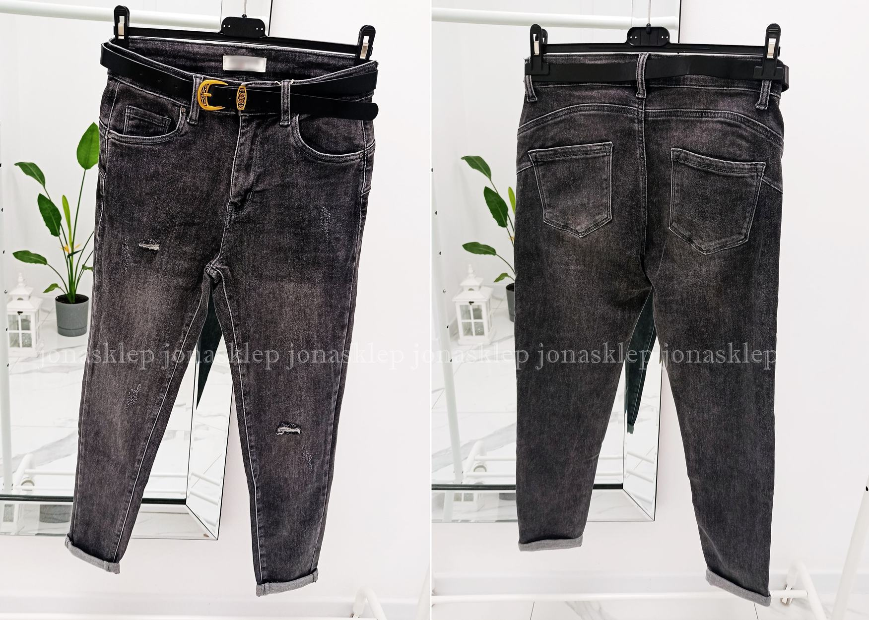 Jeansy damskie GRAY dziury pasek PLUS SIZE