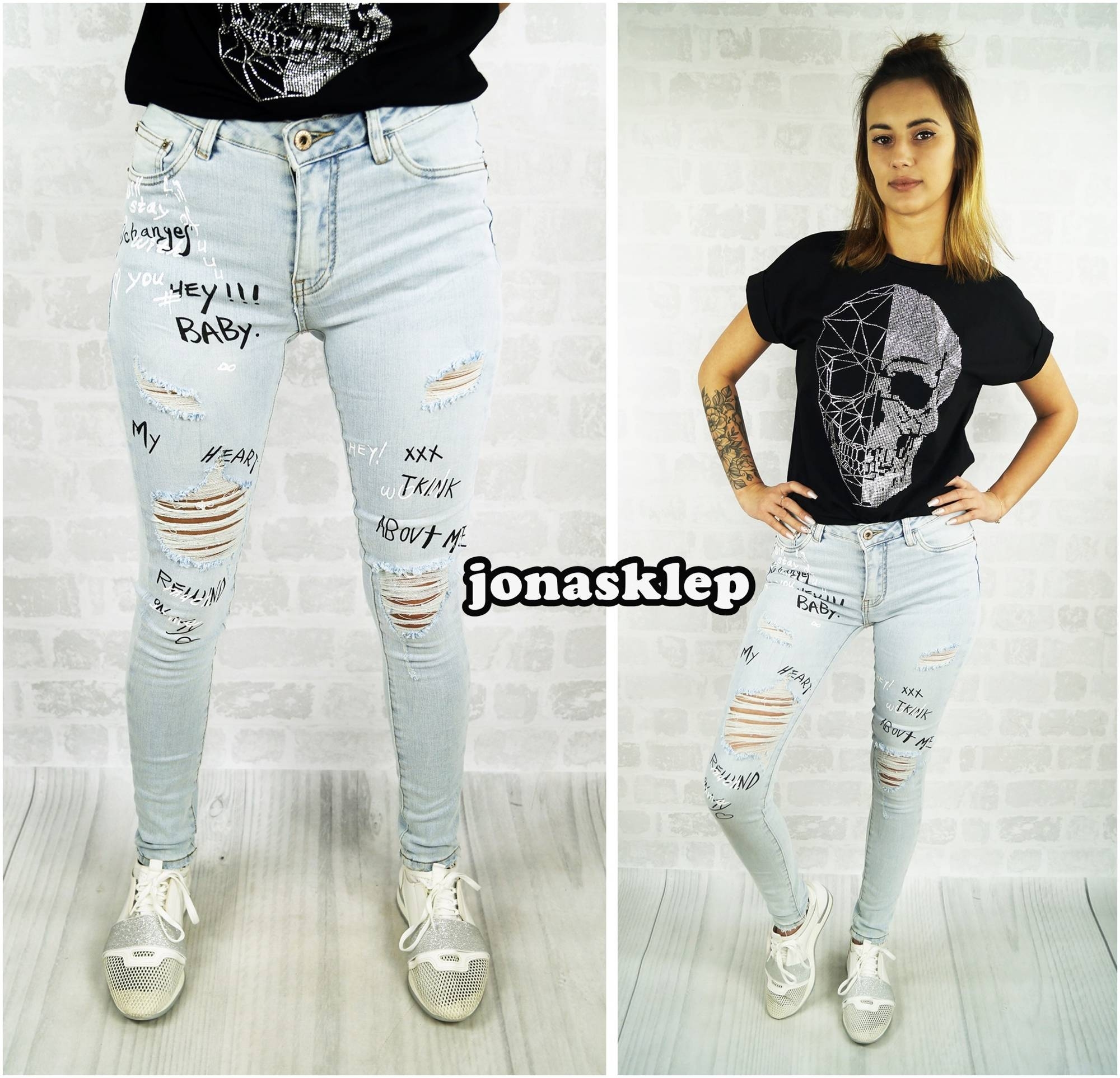 SLIM FIT jeansy print Nadruk NASZYWKI dziury