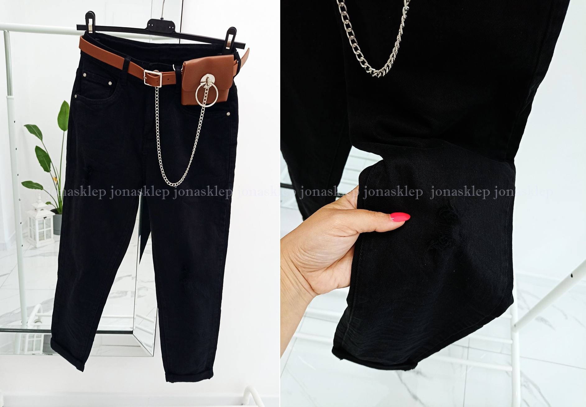 MAYBE mom fit casual BLACK baggy pasek camel saszetka