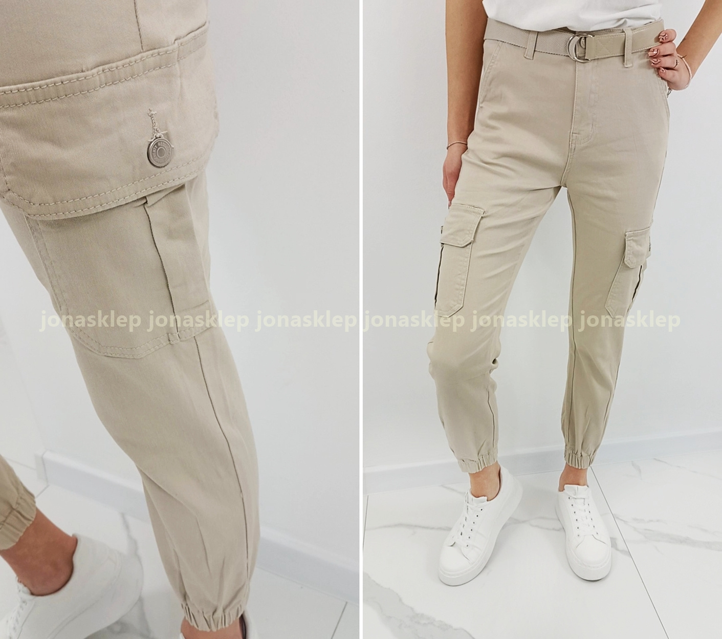 NEW STYLE bojówki NUDE CREAM pasek