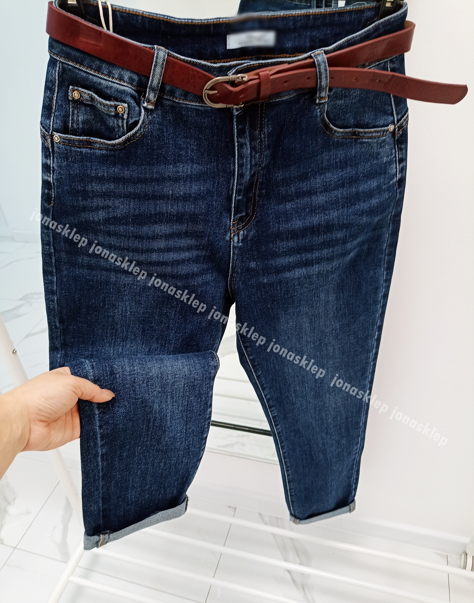 MOM JEANS casual blue dark PASEK PLUS SIZE