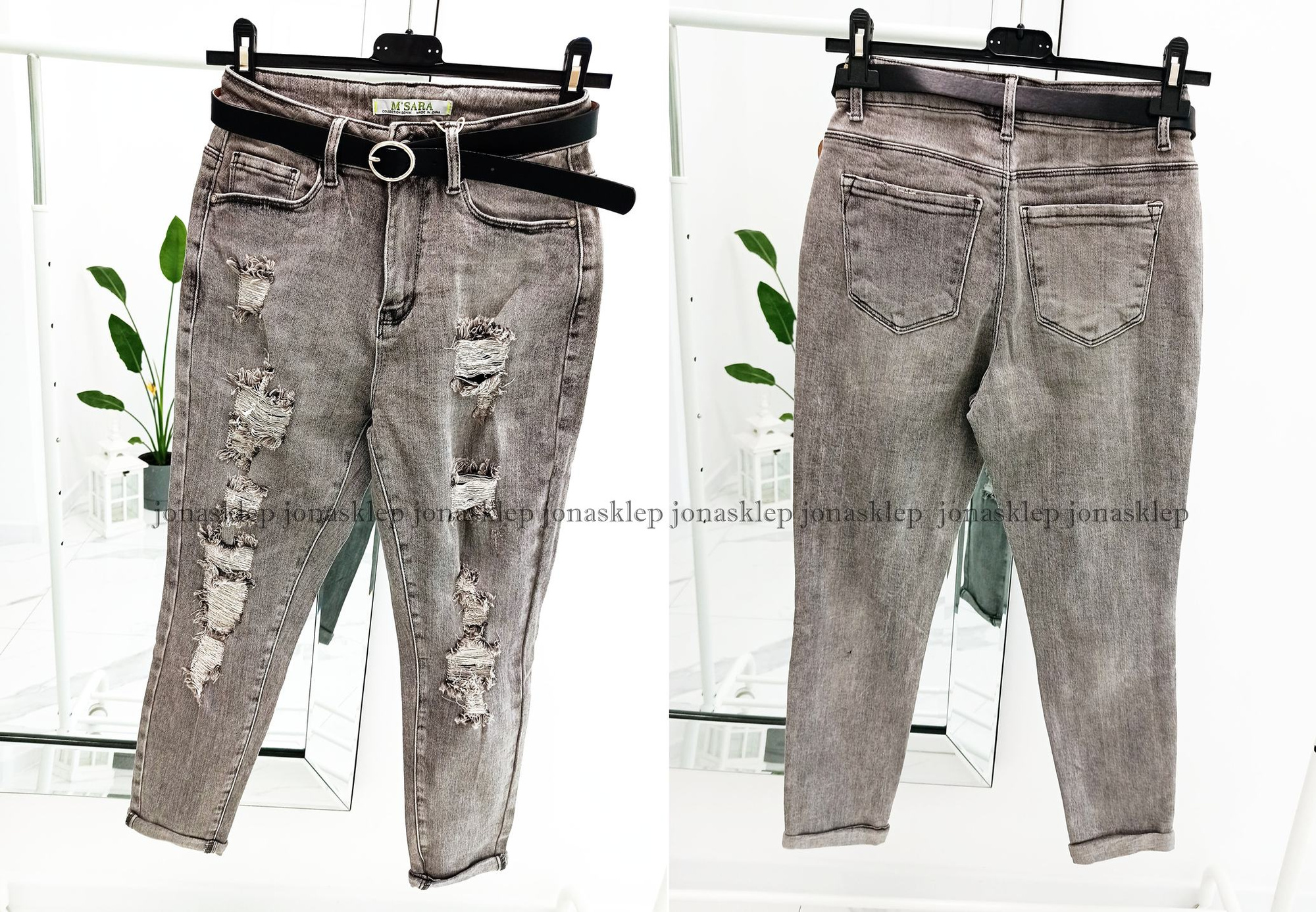 VINTAGE mom fit casual gray baggy pasek dziury