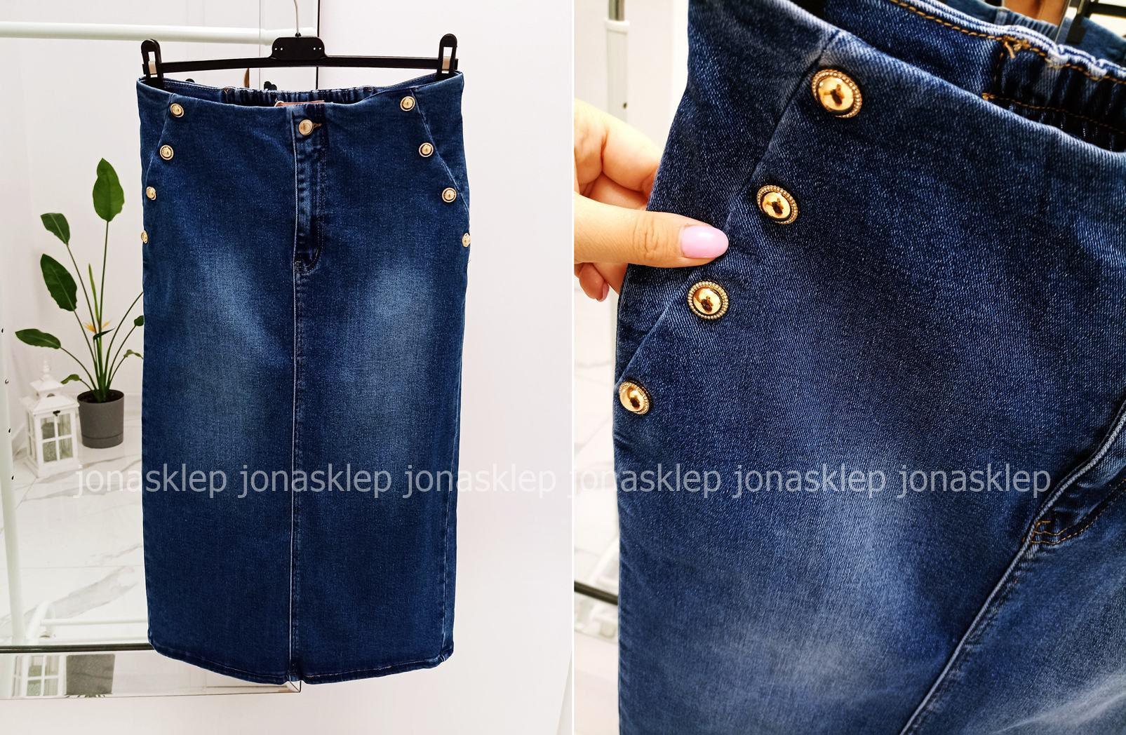 Jeansowa Spódnica MAXI MIDI rozporek guziki plus size