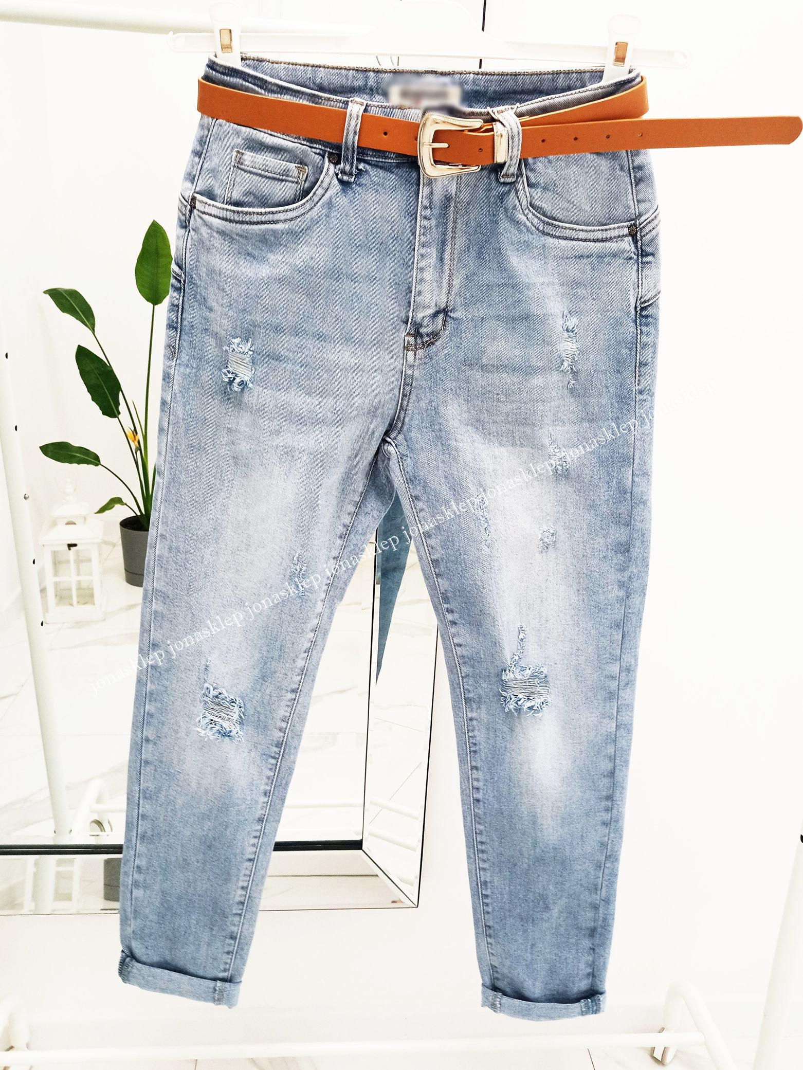 Jeansy damskie JASNE dziury pasek PLUS SIZE