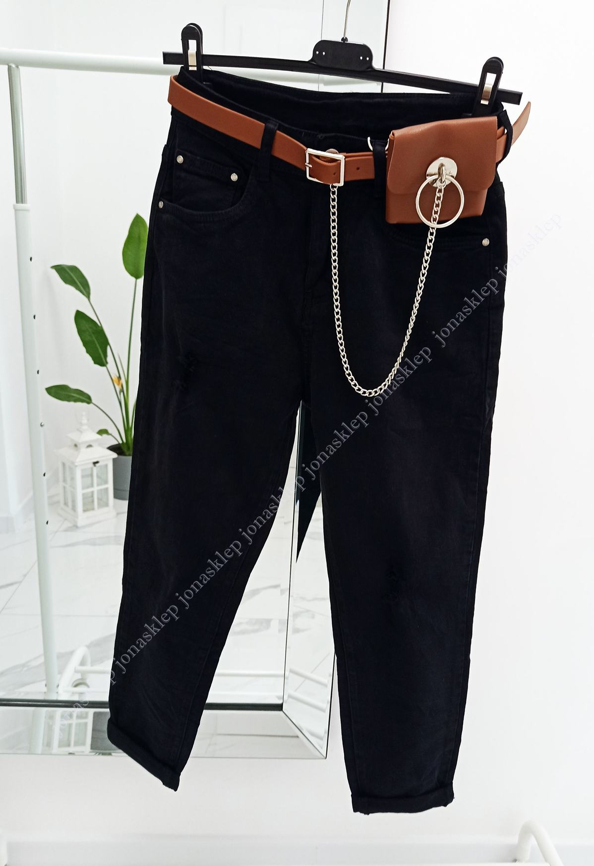 MAYBE mom fit casual BLACK baggy pasek camel saszetka