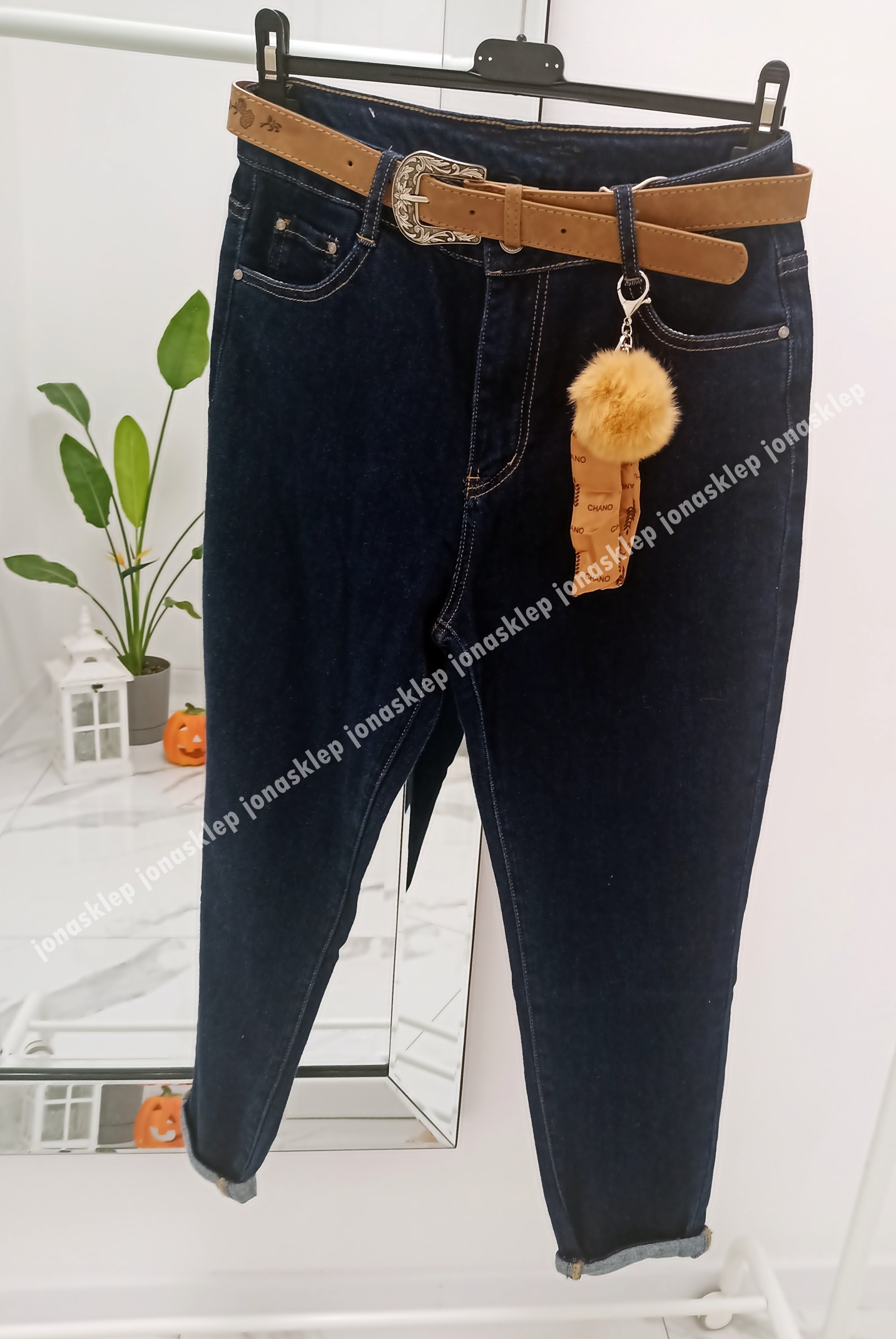 MOM JEANS casual blue dark PASEK PLUS SIZE