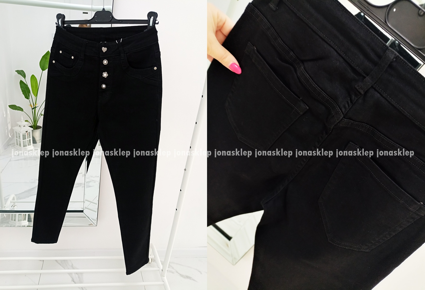 Czarne jeansy damskie BLACK guziki PLUS SIZE 