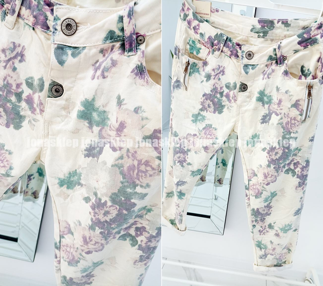 FLOWERS białe spodnie w kwiaty z guzikami PLUS SIZE
