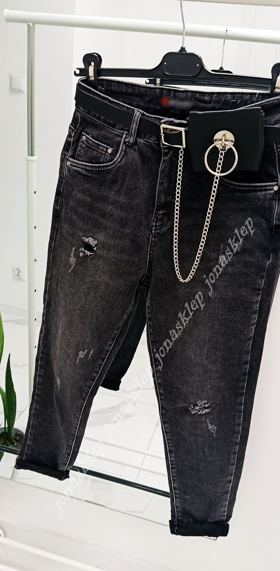 MAYBE mom fit casual BLACK baggy pasek saszetka