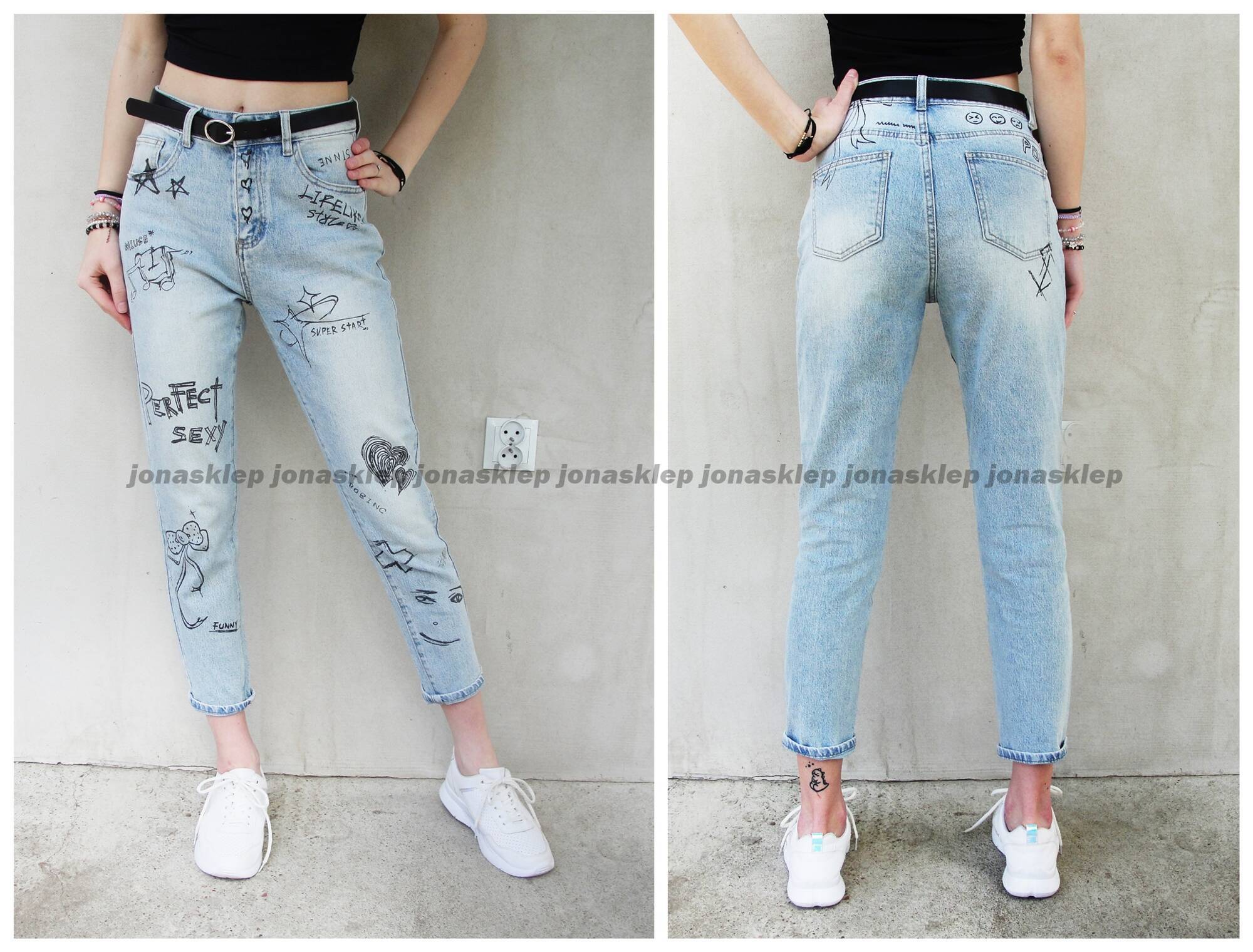 BAGGY jeansy print Nadruk NASZYWKI