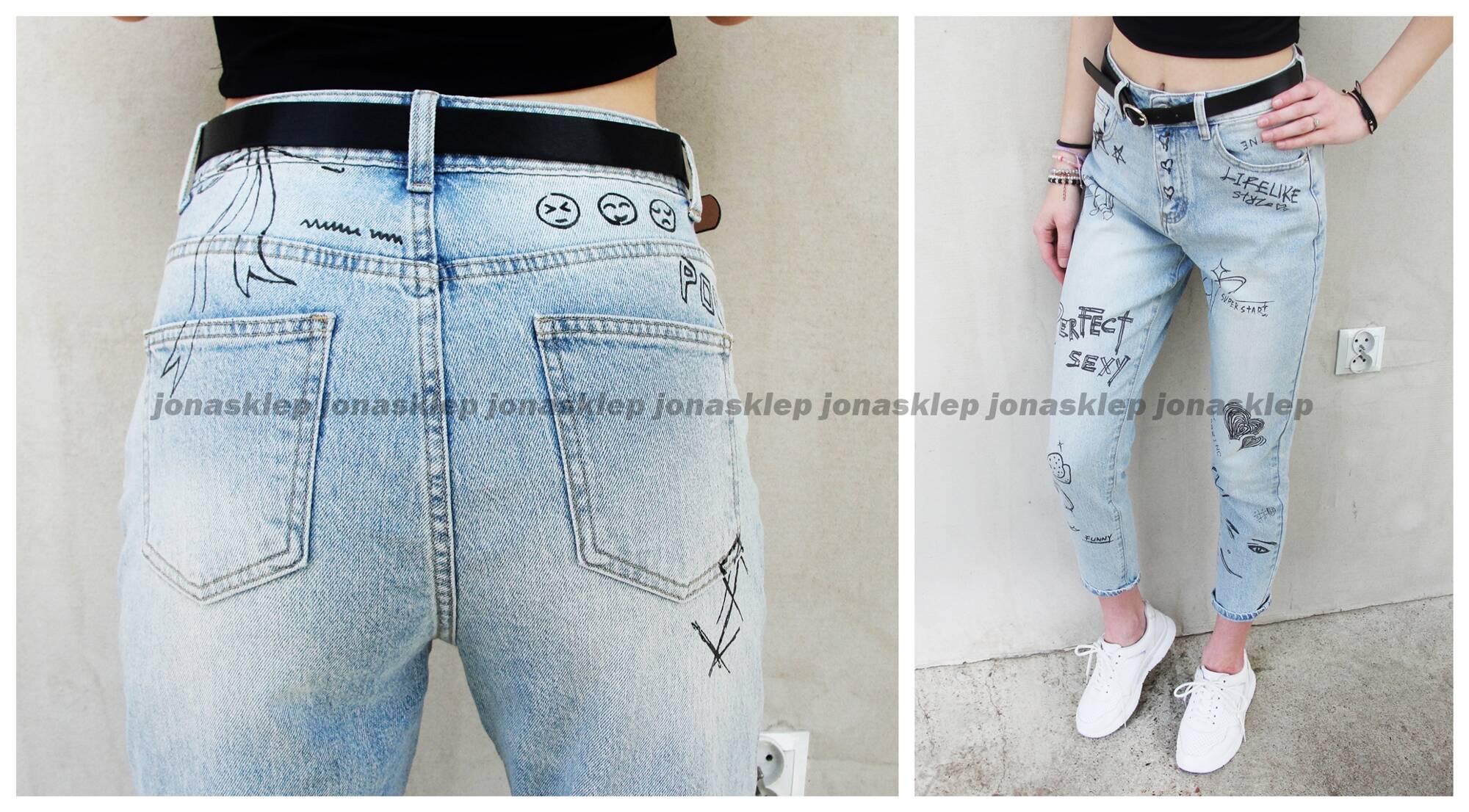 BAGGY jeansy print Nadruk NASZYWKI