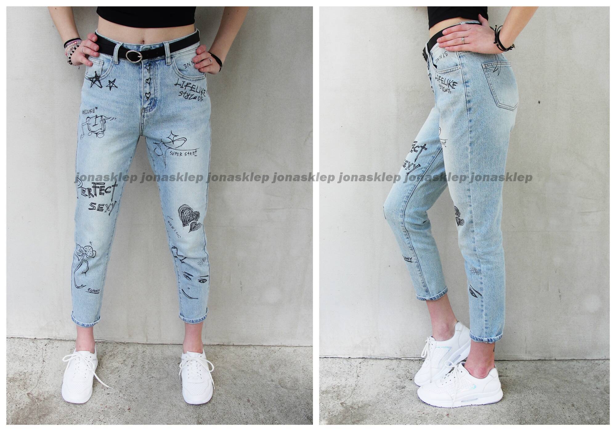 BAGGY jeansy print Nadruk NASZYWKI