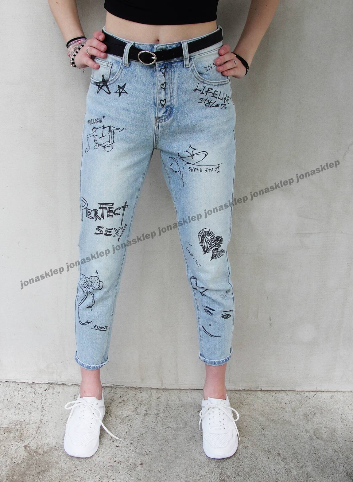 BAGGY jeansy print Nadruk NASZYWKI