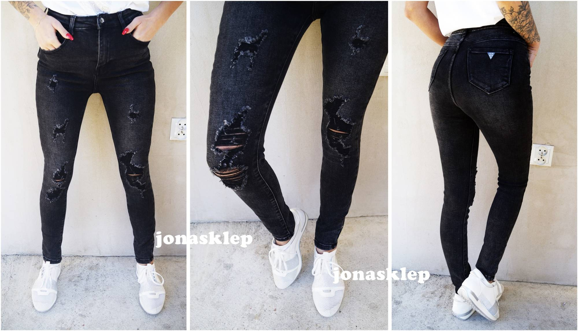 BLACK jeans HIGH WAIST dziury rurki ripped