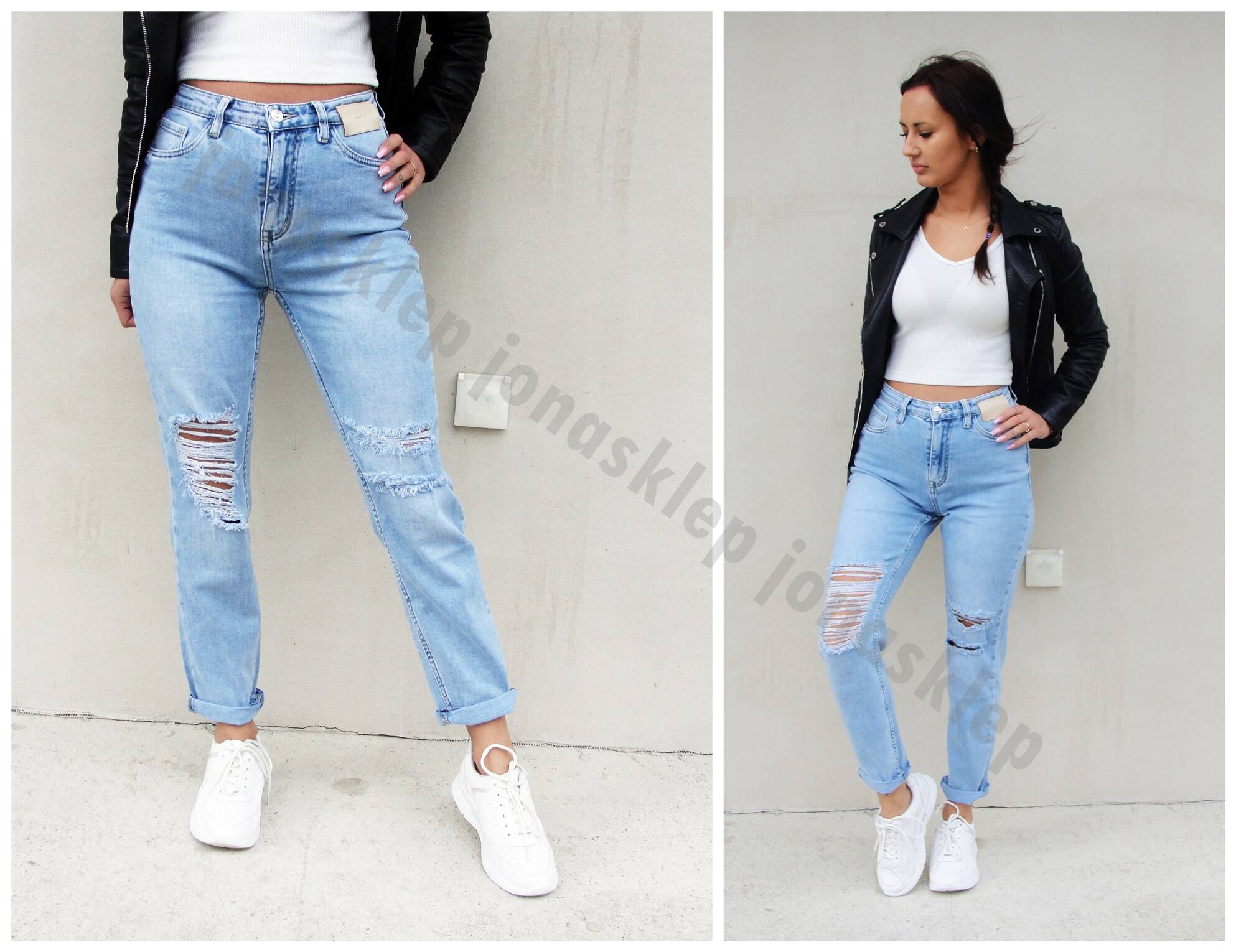 DENIM MOM FIT JASNE JEANSY HOLES