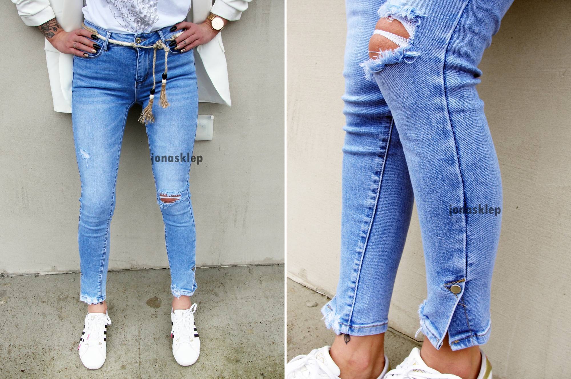 DENIM jasne JEANSY rozcięcia PASEK SKINNY napy