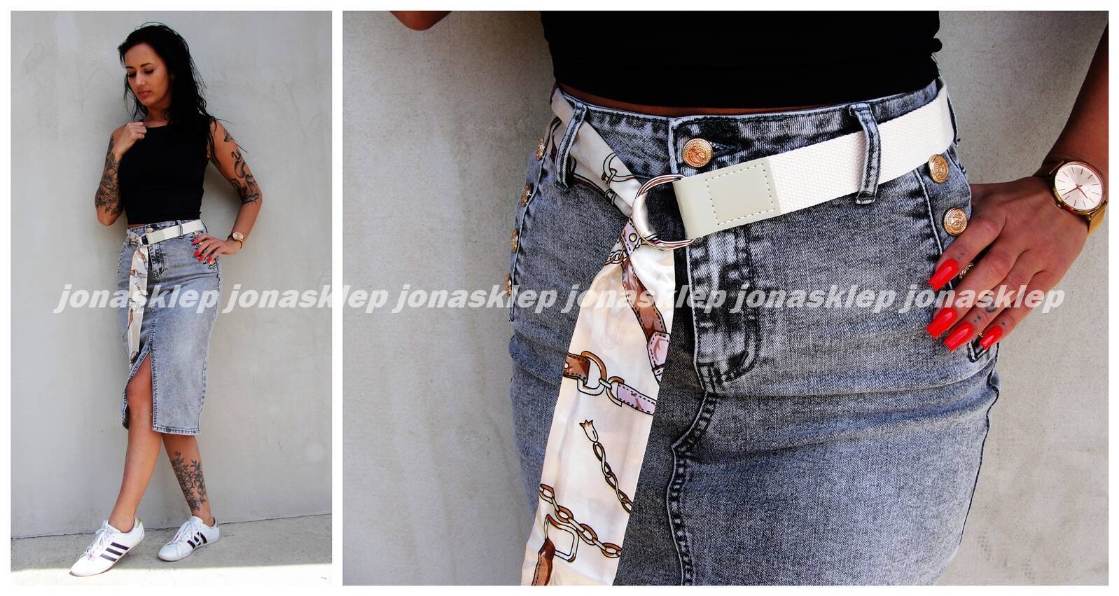 Elegancka jeans Spódnica BUTTON rozporek gray pasek