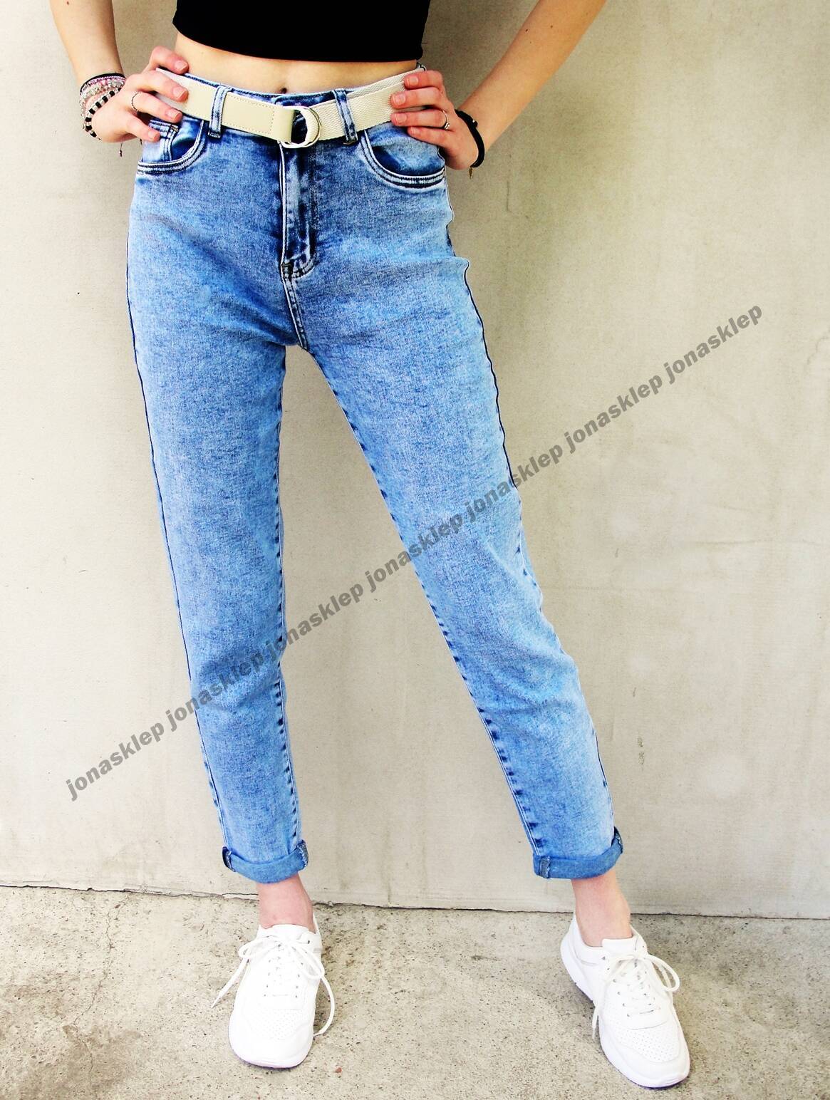 MAYBE jeans marmurkowe REGULAR vintage pasek