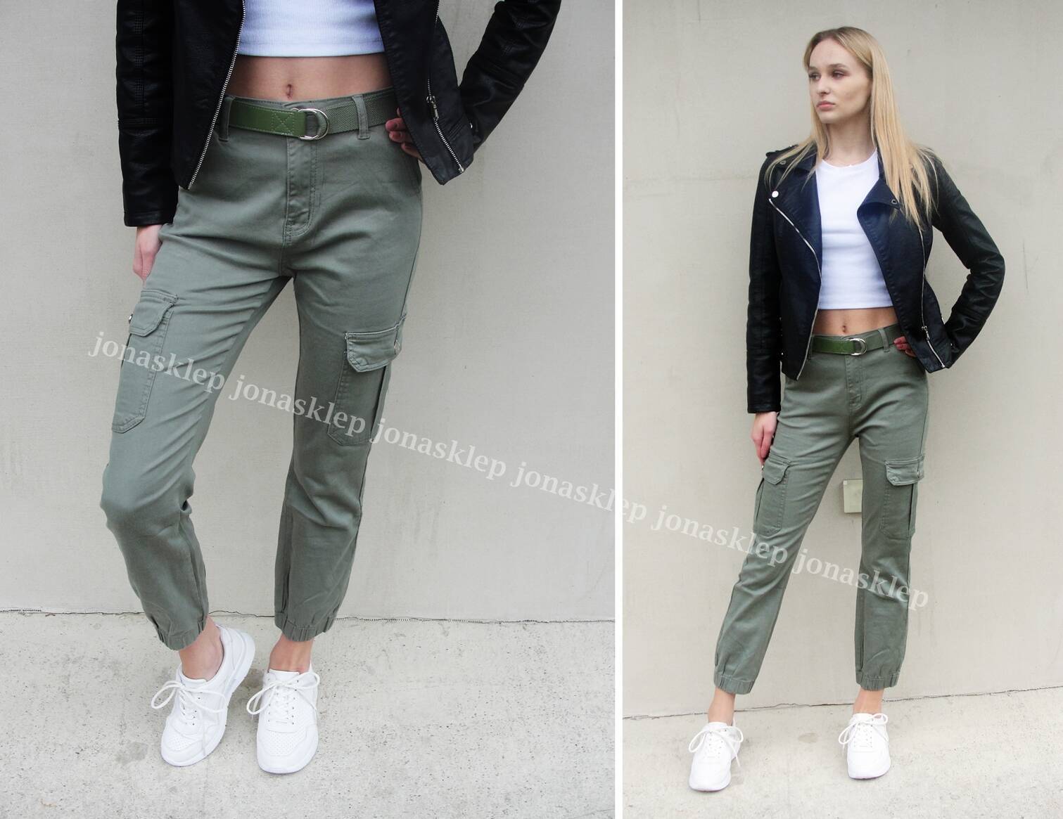 NEW STYLE bojówki jeans KHAKI pasek