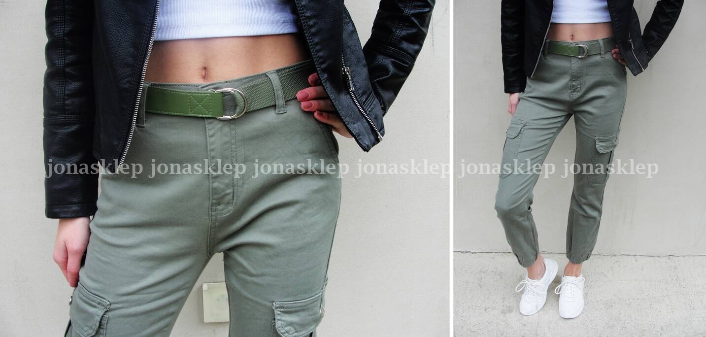 NEW STYLE bojówki jeans KHAKI pasek