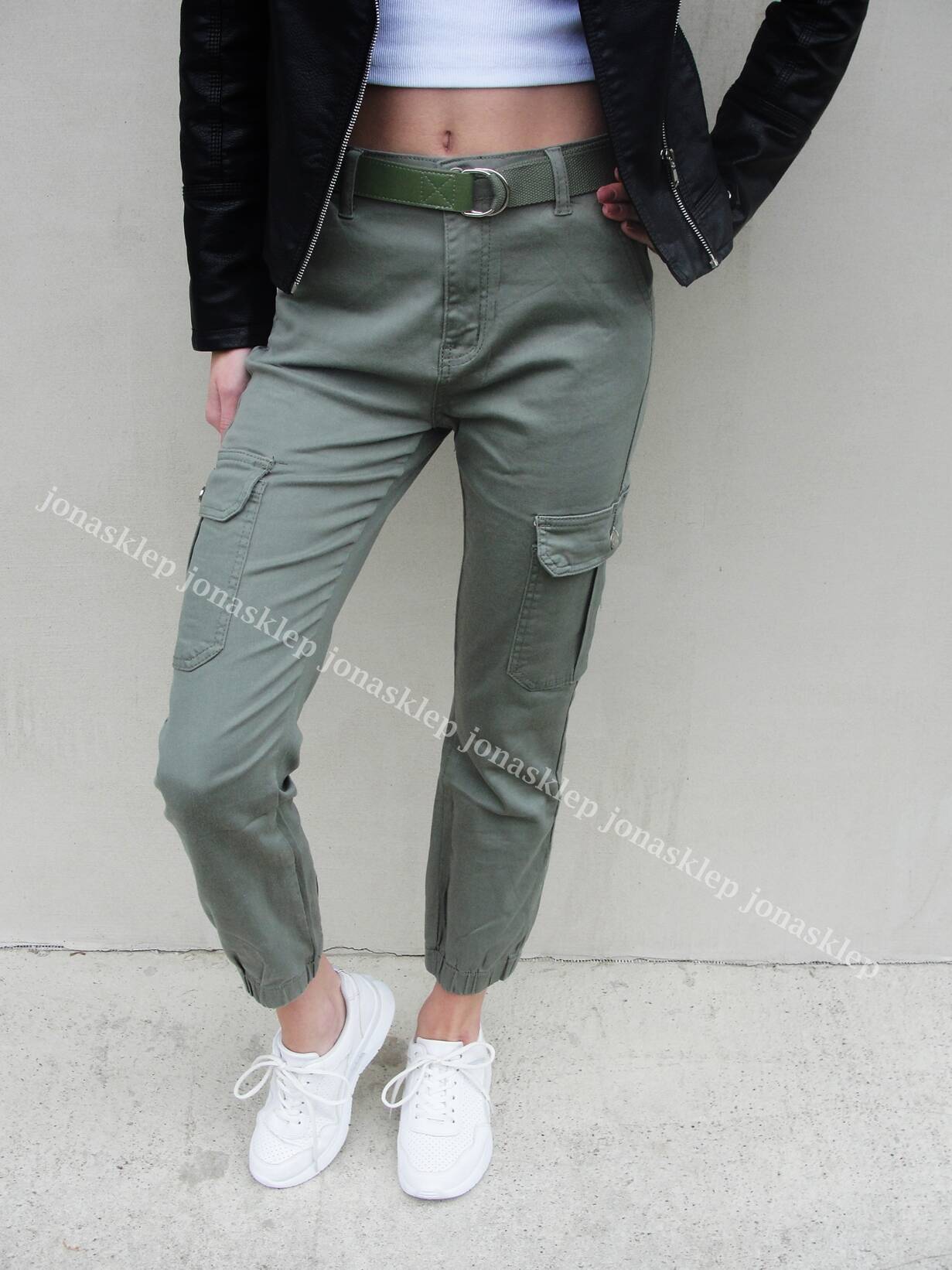 NEW STYLE bojówki jeans KHAKI pasek