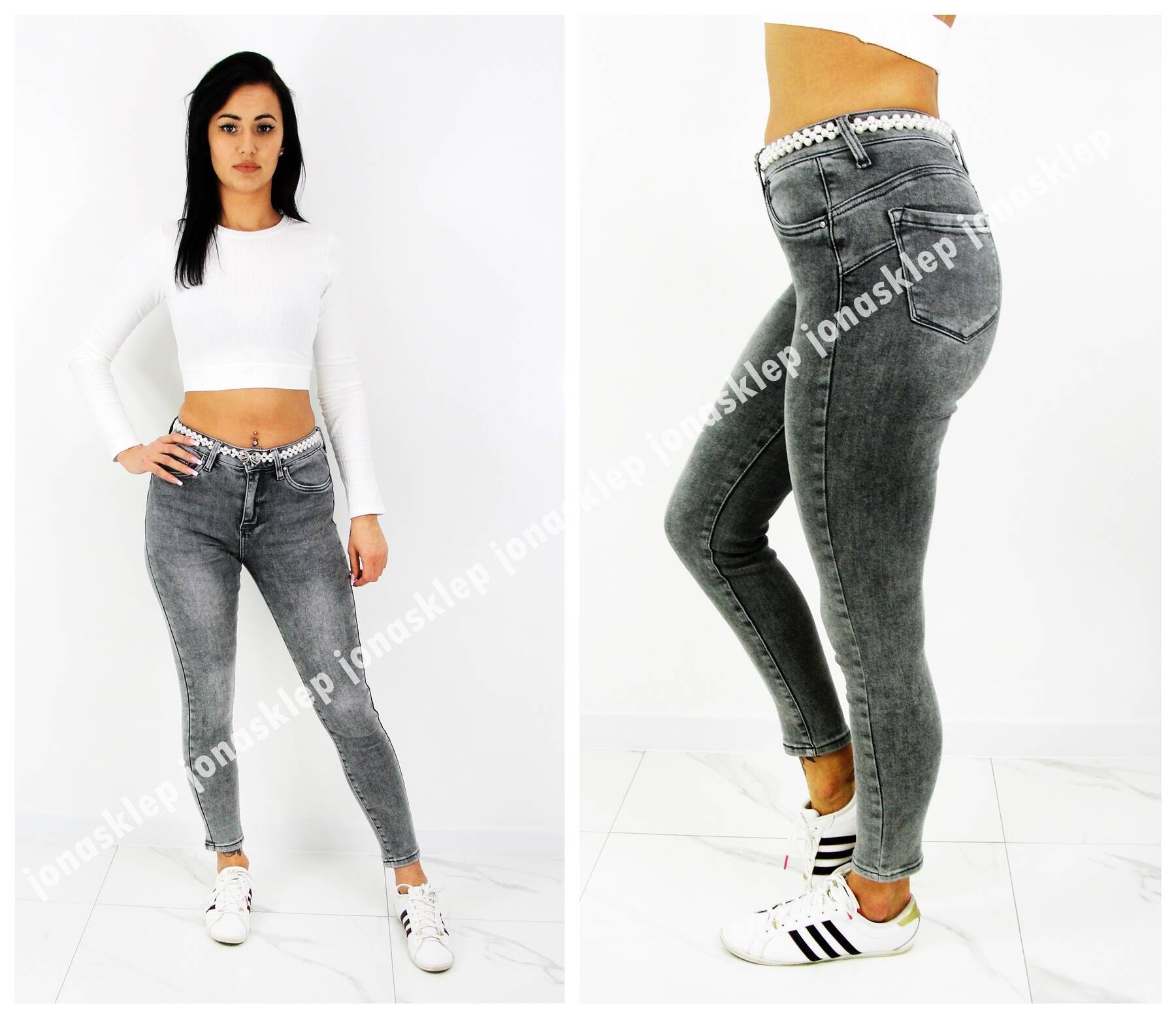 RURKI SKINNY JEANS gray pasek perły