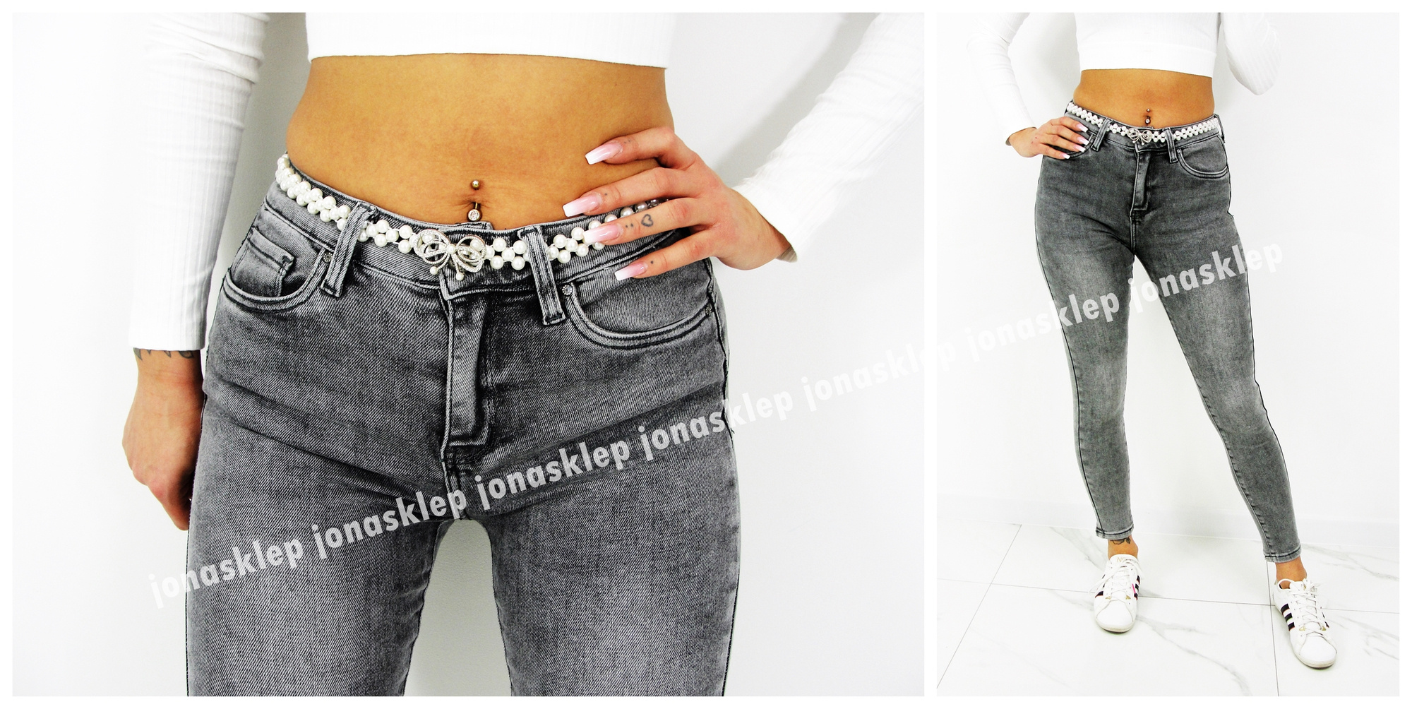 RURKI SKINNY JEANS gray pasek perły