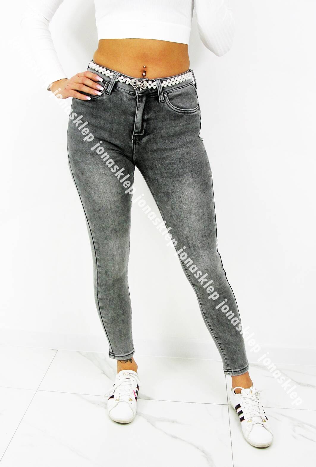 RURKI SKINNY JEANS gray pasek perły