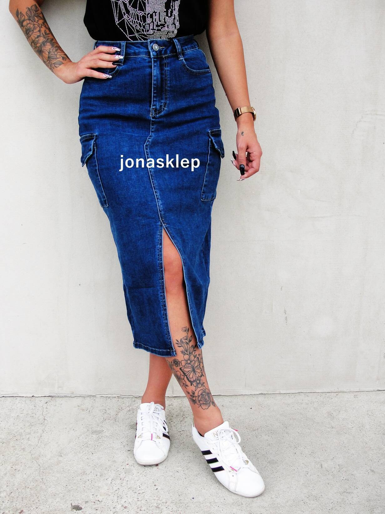 Spódnica MAXI jeans kieszenie bojówki dark