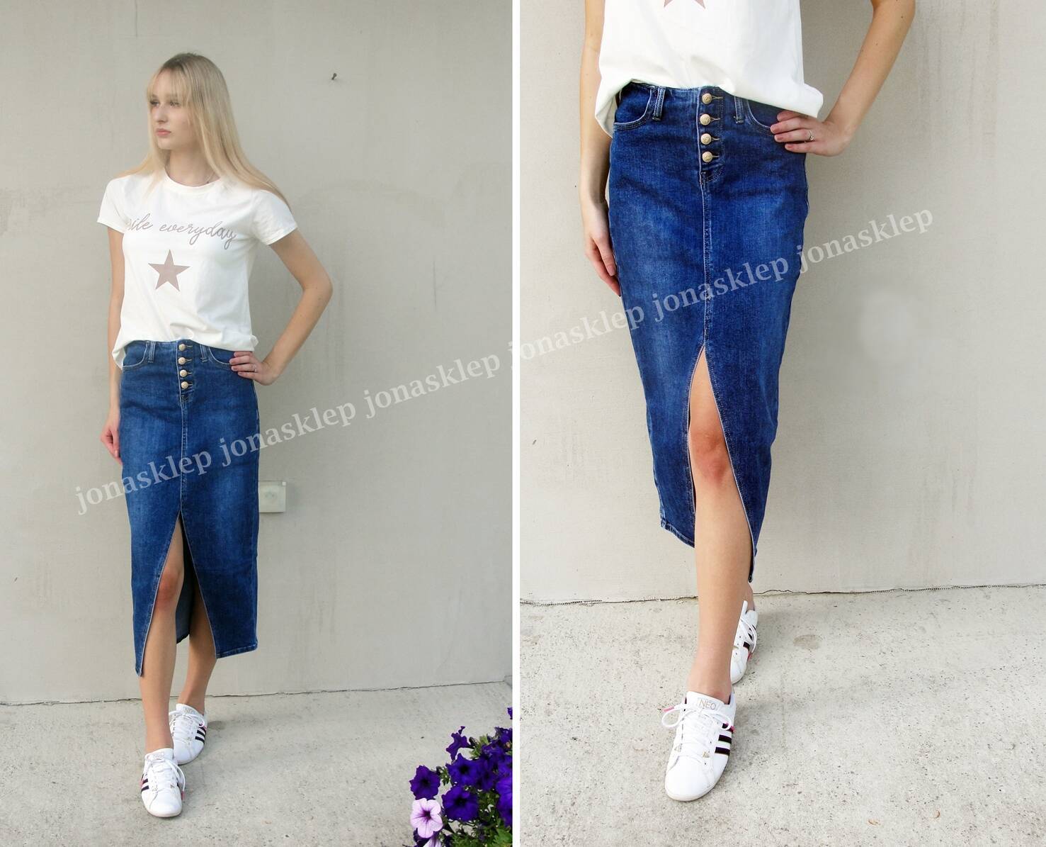 Spódnica jeans guziki MAXI MIDI rozporek 